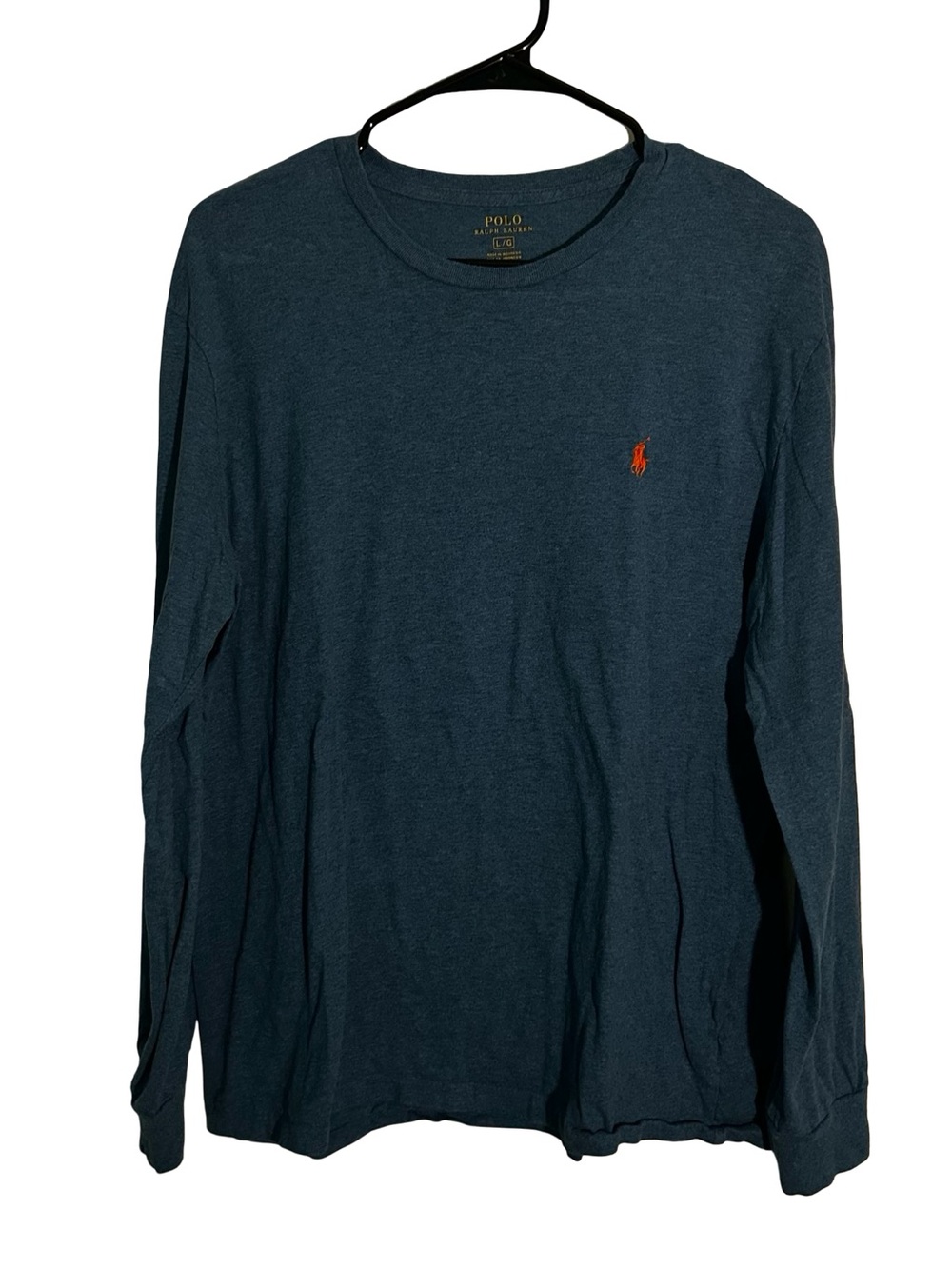 Polo by Ralph Lauren Men’s Long-Sleeve Crew Neck Tee - light blu with coral Logo